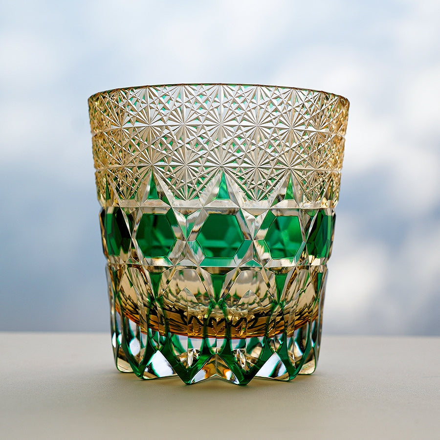 Handcrafted Edo Kiriko Emerald Fluorite whisky glass, Japanese cut crystal tumbler by Viko
