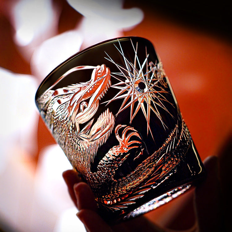 Handcrafted Edo Kiriko Soaring Dragon whisky glass, Japanese cut crystal tumbler by Viko