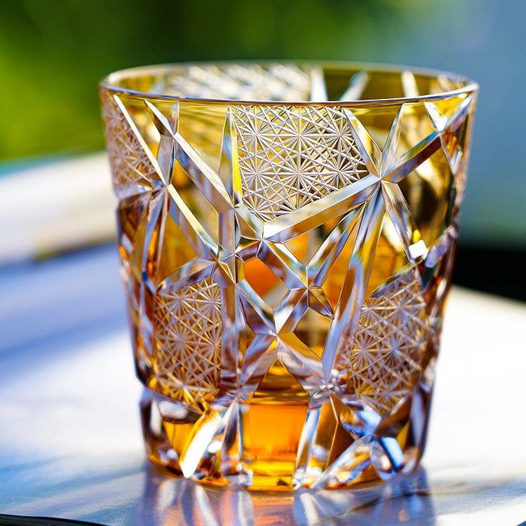 Handcrafted Edo Kiriko Amber Crane Lightning whisky glass, Japanese cut crystal tumbler by Viko