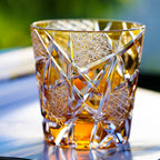 Handcrafted Edo Kiriko Amber Crane Lightning whisky glass, Japanese cut crystal tumbler by Viko