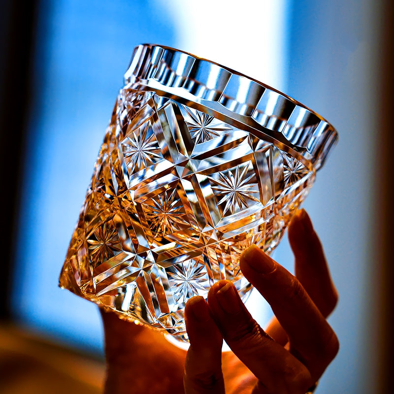 Handcrafted Edo Kiriko Hana Blossom whisky glass, Japanese cut crystal tumbler by Viko