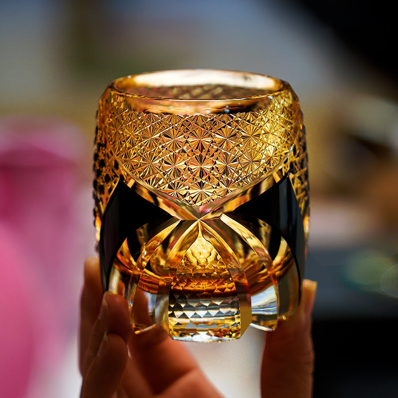 Handcrafted Edo Kiriko Imperial Dark Knight whisky glass, Japanese cut crystal tumbler by Viko