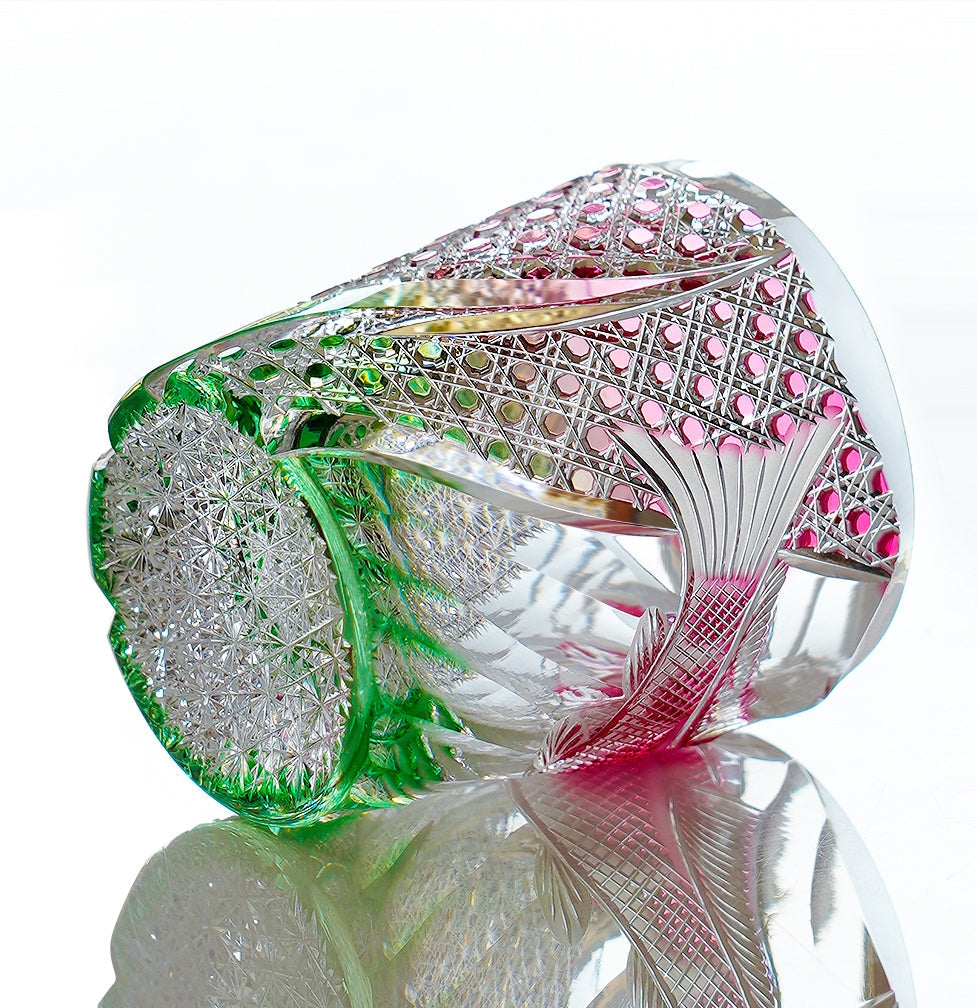 Handcrafted Edo Kiriko Kingyo Nishiki whisky glass, Japanese cut crystal tumbler by Viko