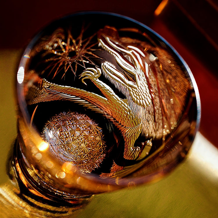 Handcrafted Edo Kiriko Soaring Dragon whisky glass, Japanese cut crystal tumbler by Viko