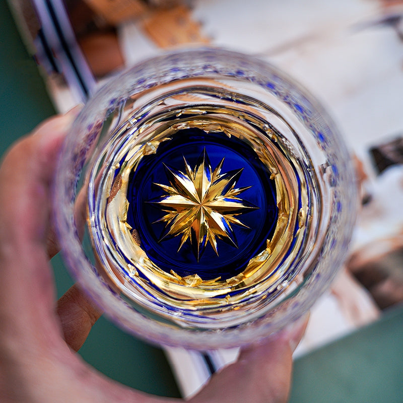 Handcrafted Edo Kiriko Midnight Blue Starburst whisky glass, Japanese cut crystal tumbler by Viko