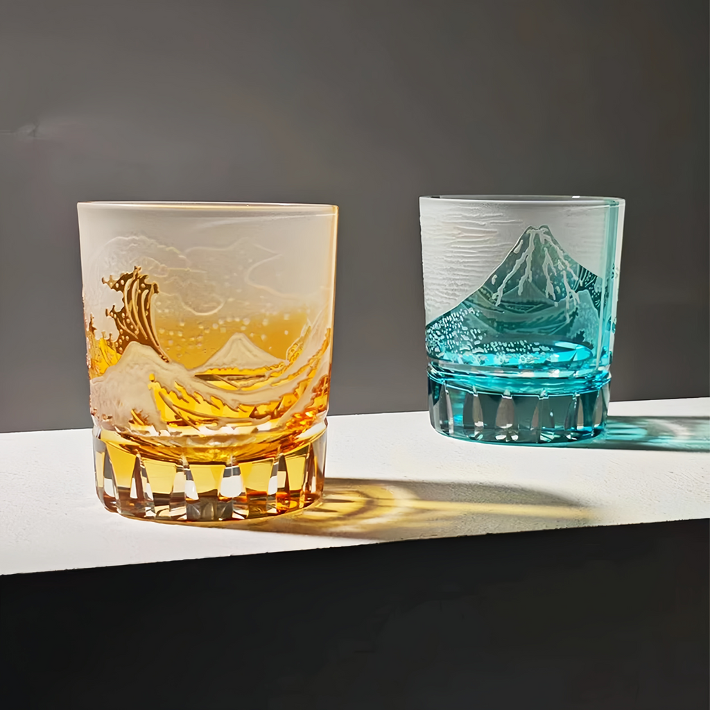 Handcrafted Edo Kiriko Fuji Wave whisky glass, Japanese cut crystal tumbler by Viko