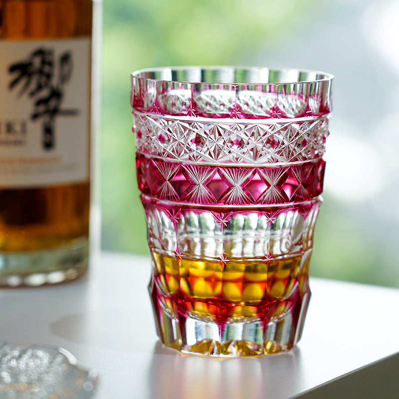 Handcrafted Edo Kiriko Ruby Aurora whisky glass, Japanese cut crystal tumbler by Viko