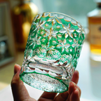 Handcrafted Edo Kiriko Sakura Snow whisky glass, Japanese cut crystal tumbler by Viko