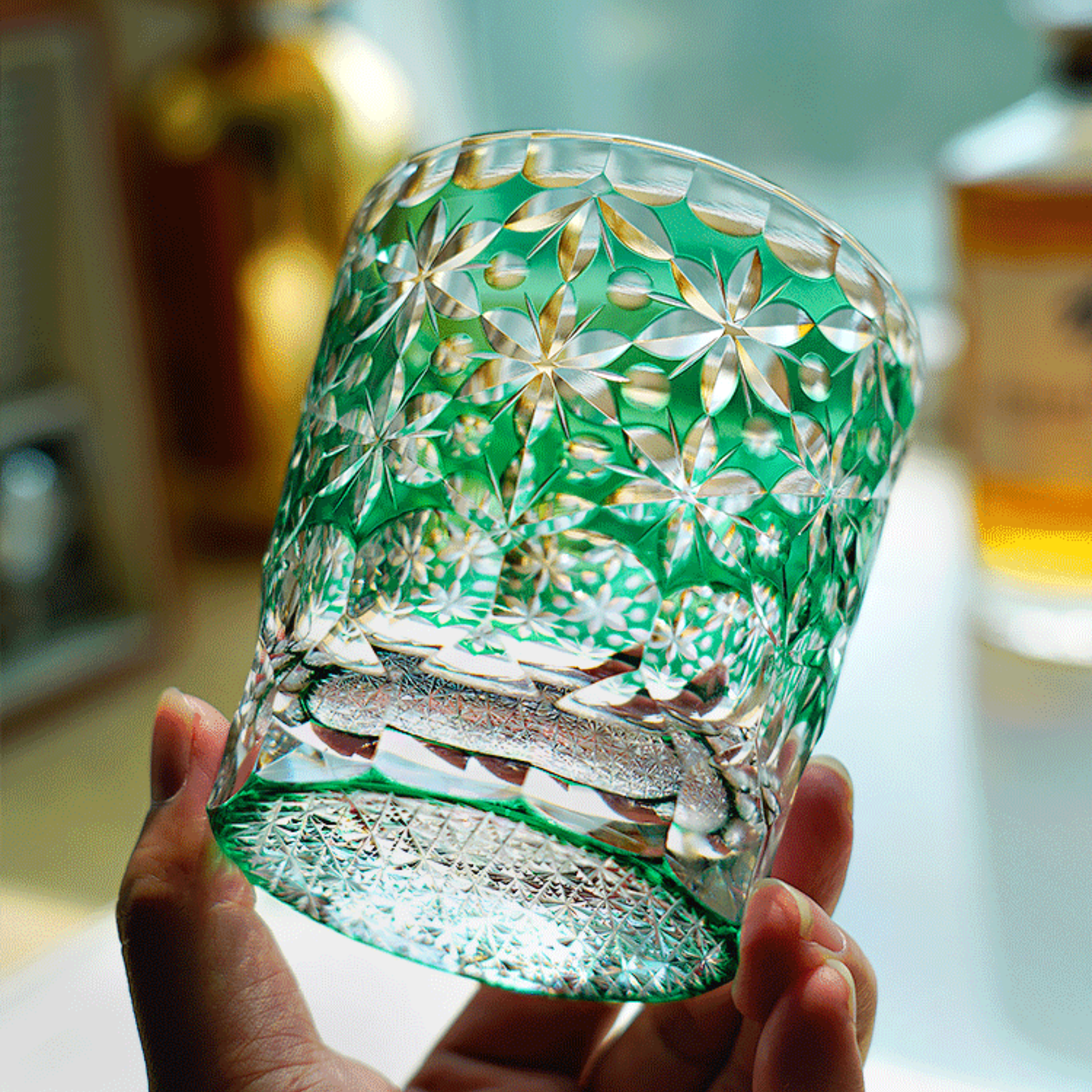 Handcrafted Edo Kiriko Sakura Snow whisky glass, Japanese cut crystal tumbler by Viko