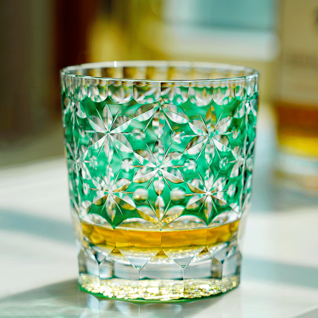 Handcrafted Edo Kiriko Sakura Snow whisky glass, Japanese cut crystal tumbler by Viko