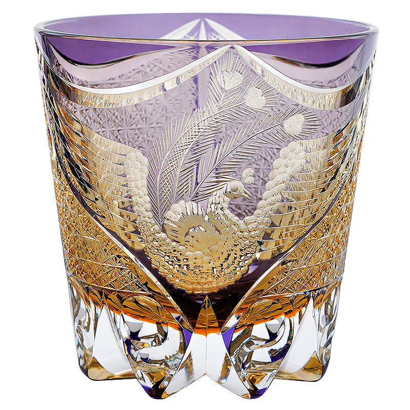 Handcrafted Edo Kiriko Dancing Phoenix whisky glass, Japanese cut crystal tumbler by Viko