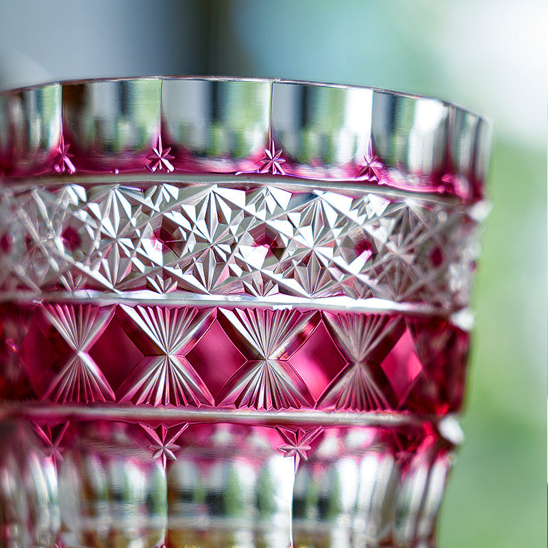 Handcrafted Edo Kiriko Ruby Aurora whisky glass, Japanese cut crystal tumbler by Viko