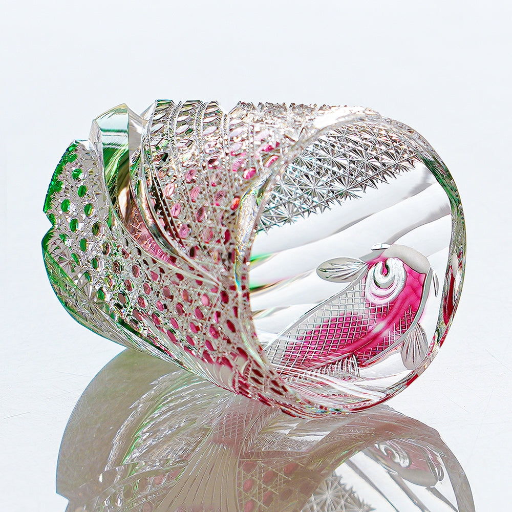 Handcrafted Edo Kiriko Kingyo Nishiki whisky glass, Japanese cut crystal tumbler by Viko