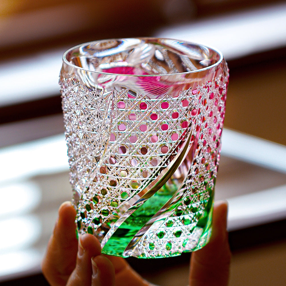 Handcrafted Edo Kiriko Kingyo Nishiki whisky glass, Japanese cut crystal tumbler by Viko