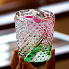 Handcrafted Edo Kiriko Kingyo Nishiki whisky glass, Japanese cut crystal tumbler by Viko