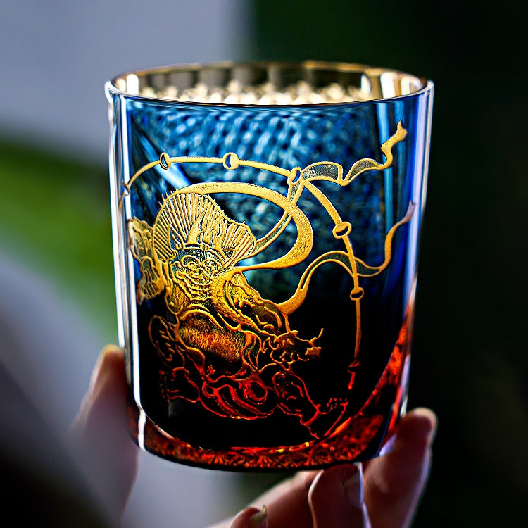 Handcrafted Edo Kiriko Raijin whisky glass, Japanese cut crystal tumbler by Viko