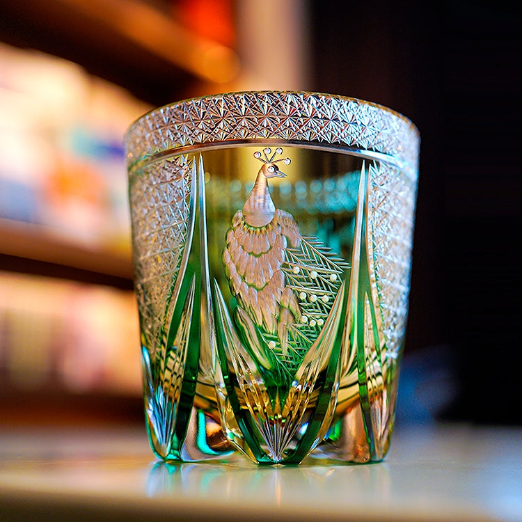 Handcrafted Edo Kiriko Emerald Peacock whisky glass, Japanese cut crystal tumbler by Viko