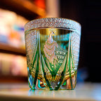 Handcrafted Edo Kiriko Emerald Peacock whisky glass, Japanese cut crystal tumbler by Viko