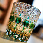 Handcrafted Edo Kiriko Emerald Fluorite whisky glass, Japanese cut crystal tumbler by Viko