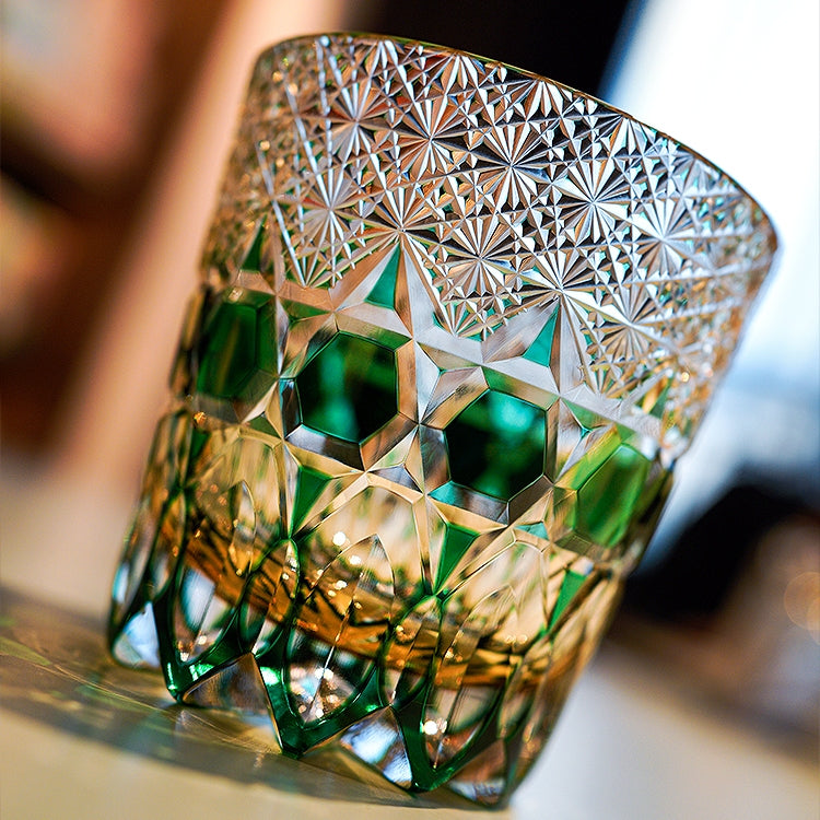 Handcrafted Edo Kiriko Emerald Fluorite whisky glass, Japanese cut crystal tumbler by Viko