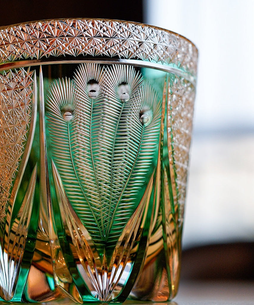 Handcrafted Edo Kiriko Emerald Peacock whisky glass, Japanese cut crystal tumbler by Viko