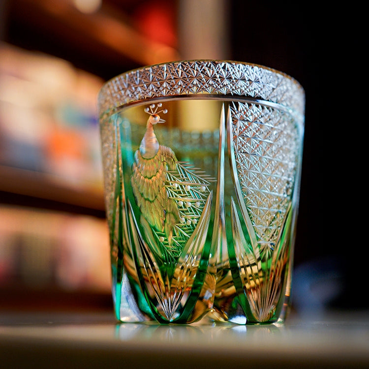 Handcrafted Edo Kiriko Emerald Peacock whisky glass, Japanese cut crystal tumbler by Viko