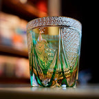 Handcrafted Edo Kiriko Emerald Peacock whisky glass, Japanese cut crystal tumbler by Viko