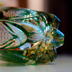 Handcrafted Edo Kiriko Emerald Peacock whisky glass, Japanese cut crystal tumbler by Viko