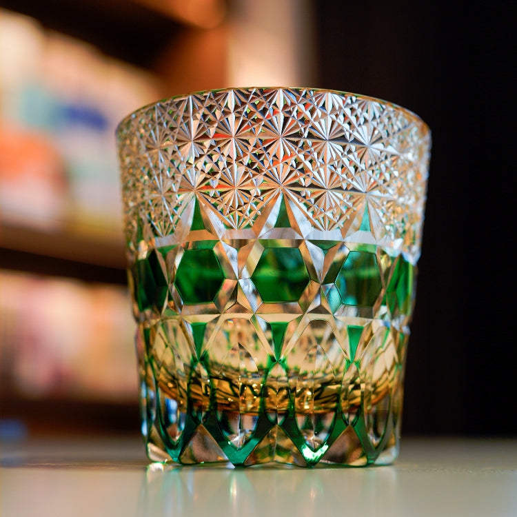 Handcrafted Edo Kiriko Emerald Fluorite whisky glass, Japanese cut crystal tumbler by Viko
