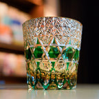 Handcrafted Edo Kiriko Emerald Fluorite whisky glass, Japanese cut crystal tumbler by Viko