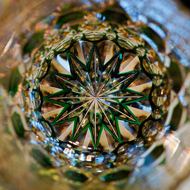 Handcrafted Edo Kiriko Emerald Fluorite whisky glass, Japanese cut crystal tumbler by Viko