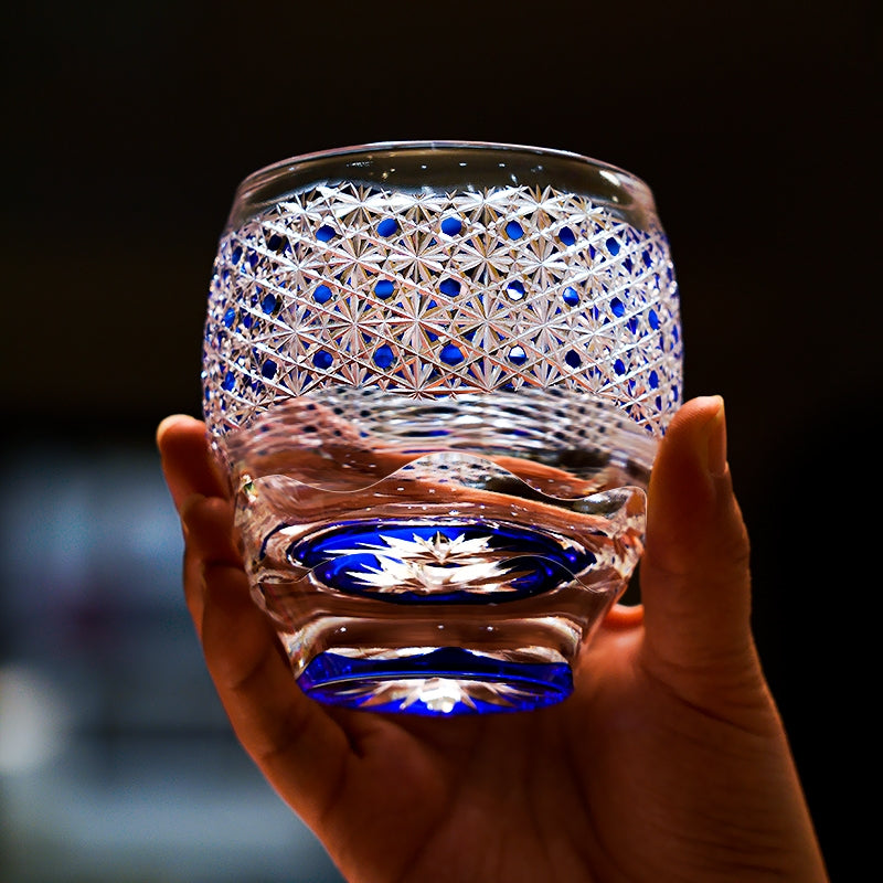 Handcrafted Edo Kiriko Midnight Blue Starburst whisky glass, Japanese cut crystal tumbler by Viko
