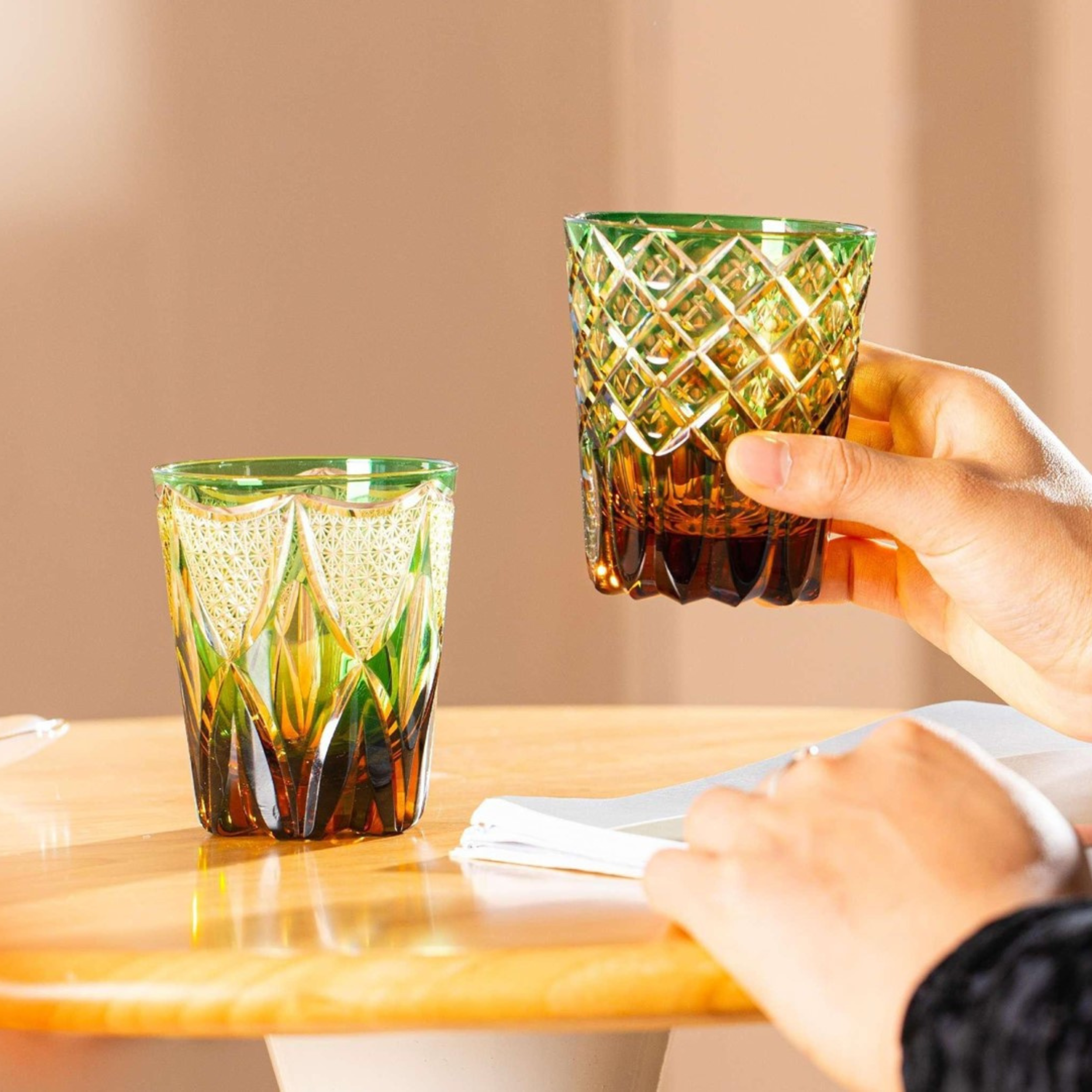 Handcrafted Edo Kiriko Ryokusho Yugure whisky glass, Japanese cut crystal tumbler by Viko