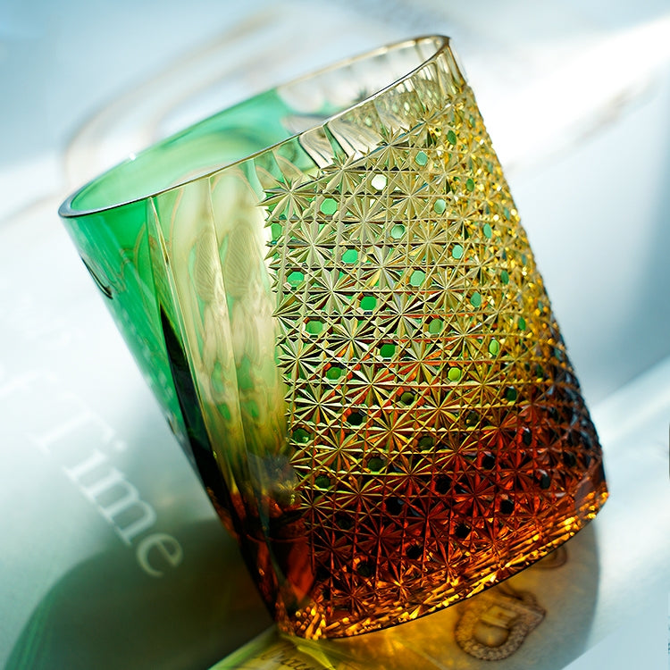 Handcrafted Edo Kiriko Fujin whisky glass, Japanese cut crystal tumbler by Viko