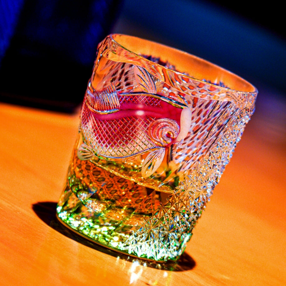 Handcrafted Edo Kiriko Kingyo Nishiki whisky glass, Japanese cut crystal tumbler by Viko