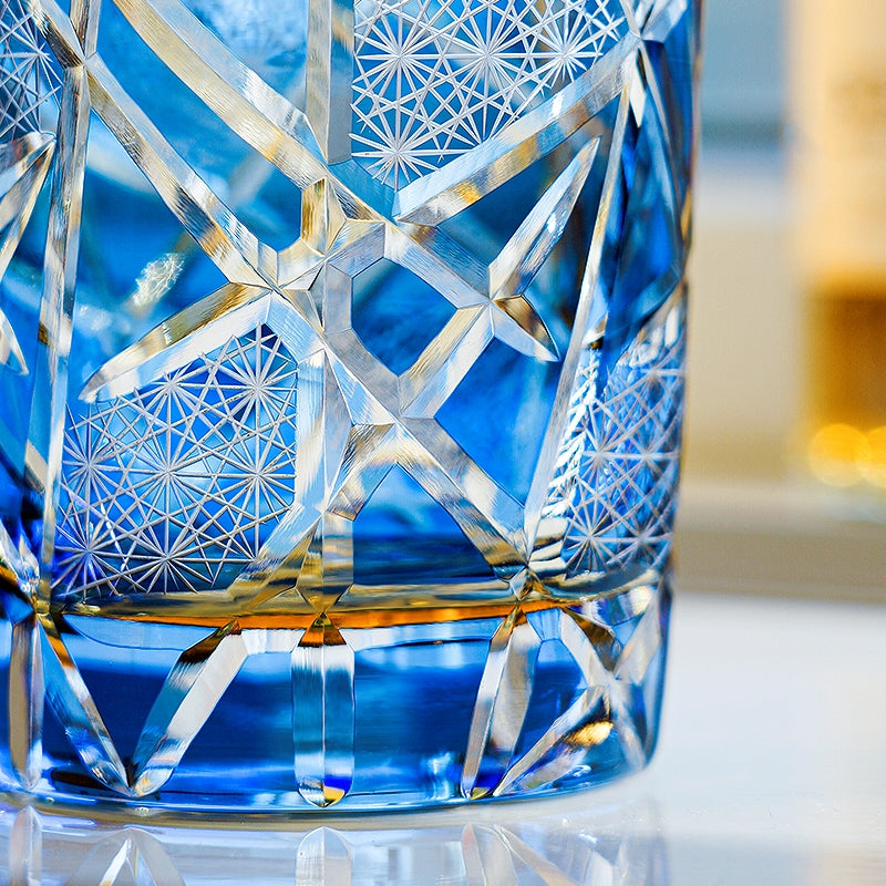 Handcrafted Edo Kiriko Crane Lightning whisky glass, Japanese cut crystal tumbler by Viko