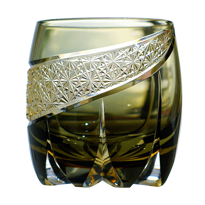 Handcrafted Edo Kiriko Obsidian Lightning whisky glass, Japanese cut crystal tumbler by Viko