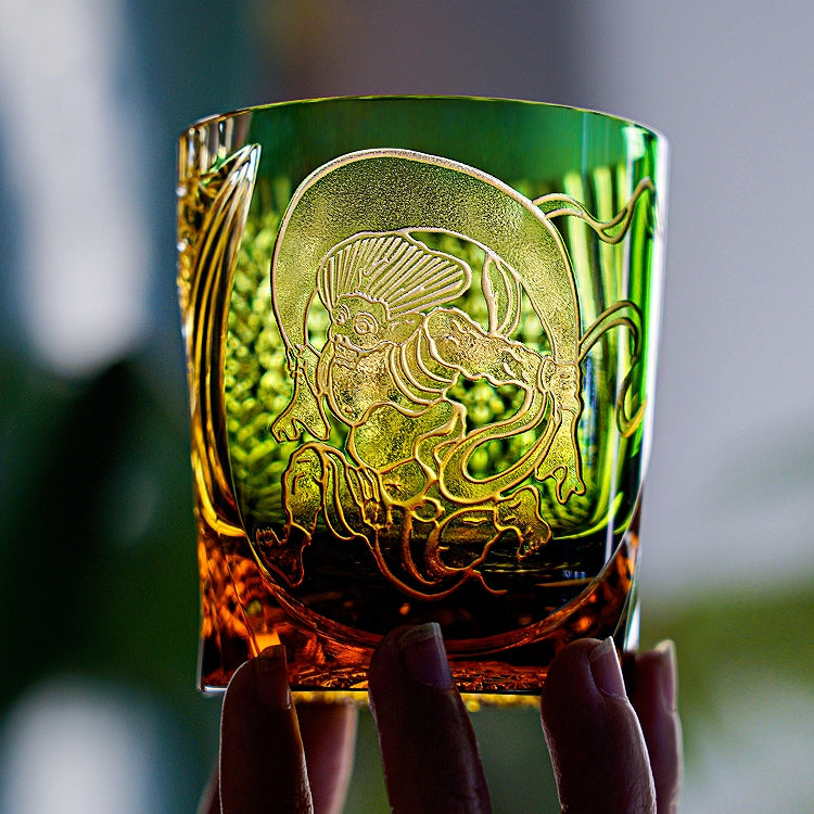Handcrafted Edo Kiriko Fujin whisky glass, Japanese cut crystal tumbler by Viko