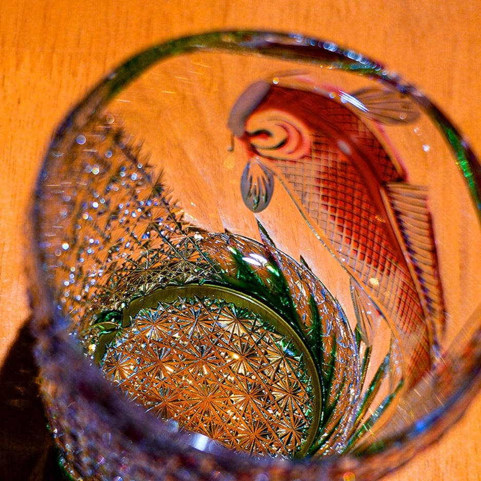 Handcrafted Edo Kiriko Kingyo Nishiki whisky glass, Japanese cut crystal tumbler by Viko
