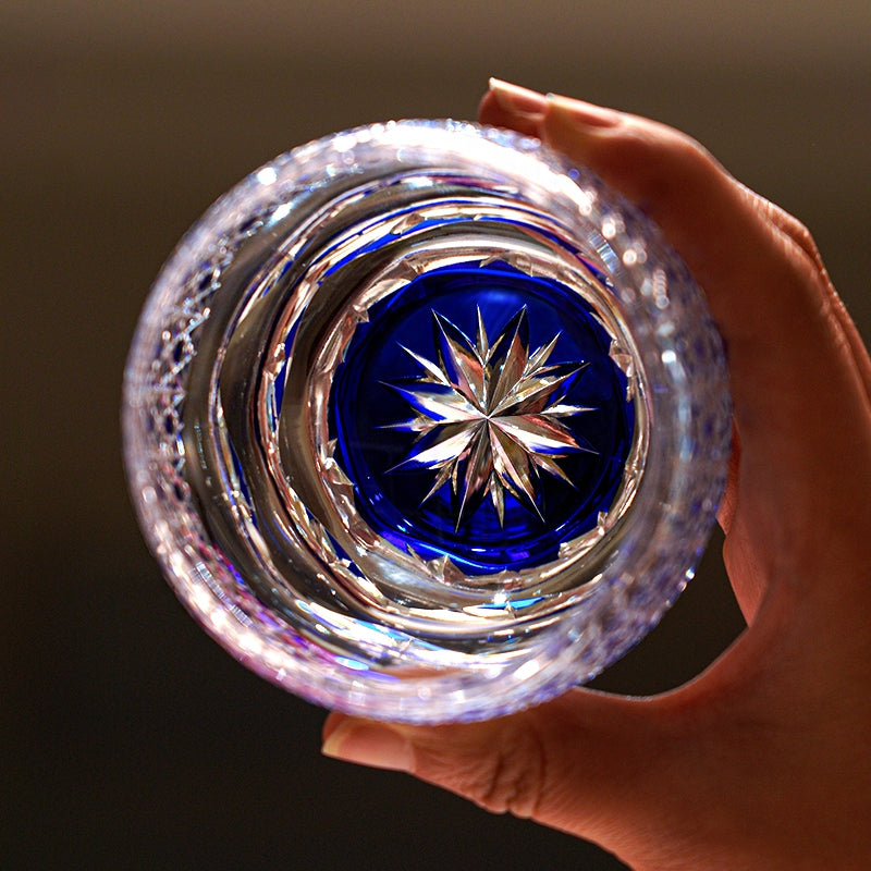 Handcrafted Edo Kiriko Midnight Blue Starburst whisky glass, Japanese cut crystal tumbler by Viko