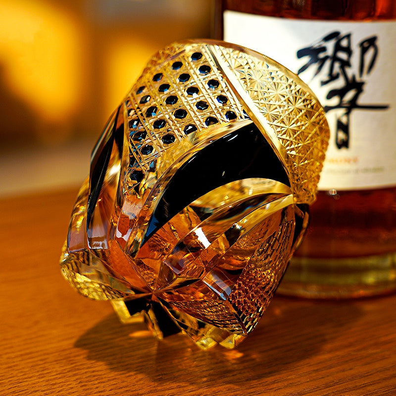 Handcrafted Edo Kiriko Imperial Dark Knight whisky glass, Japanese cut crystal tumbler by Viko