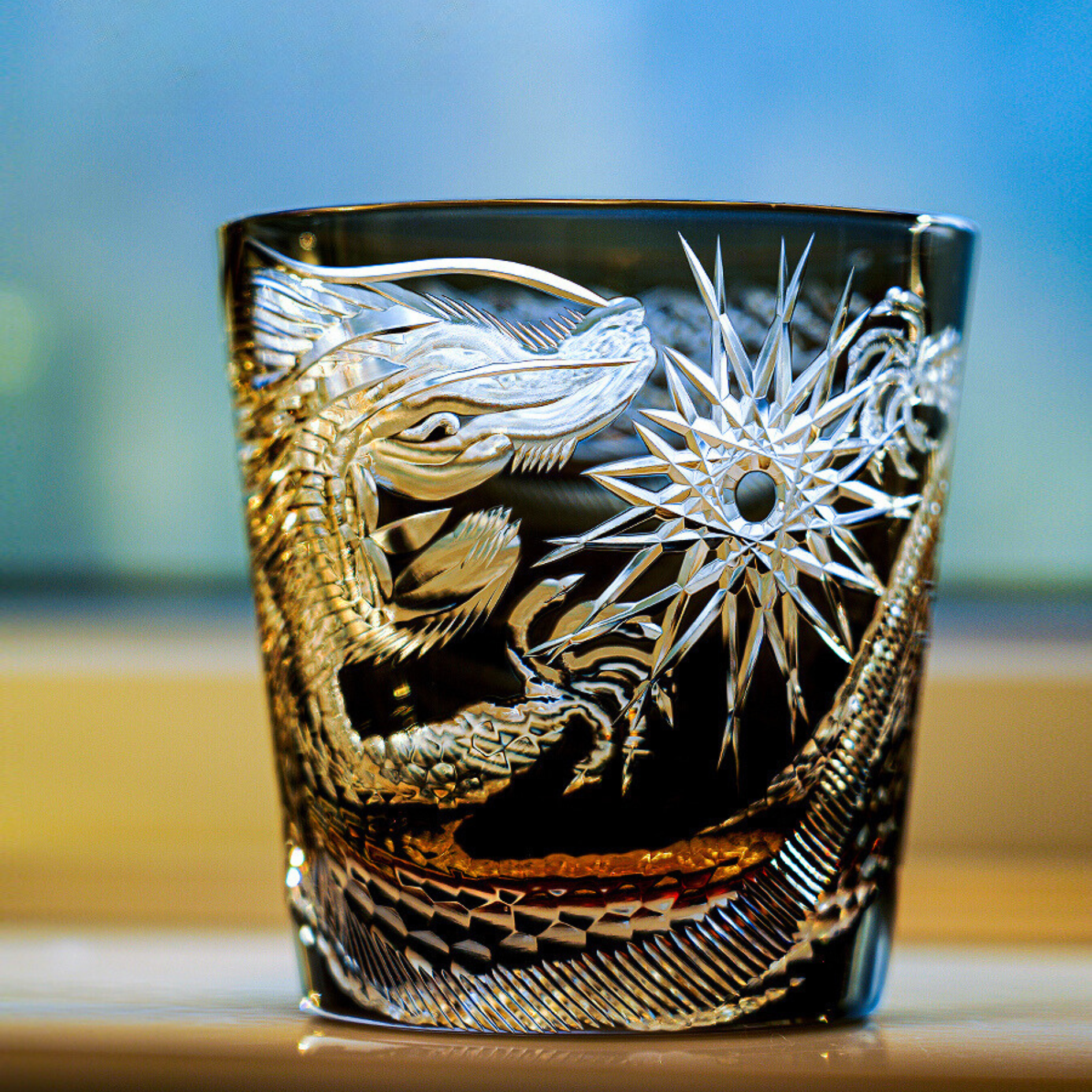 Handcrafted Edo Kiriko Soaring Dragon whisky glass, Japanese cut crystal tumbler by Viko