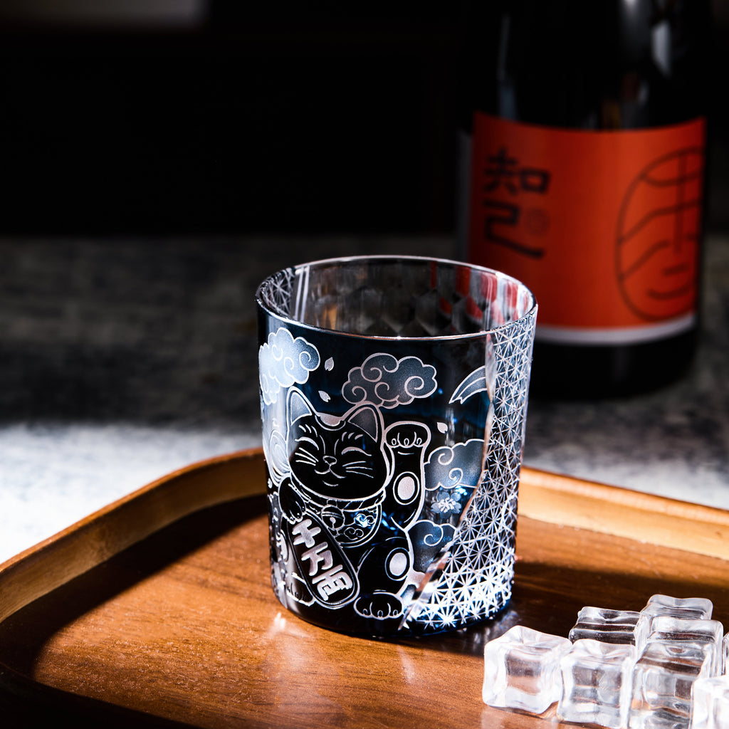 Handcrafted Edo Kiriko Aoi Maneki Neko whisky glass, Japanese cut crystal tumbler by Viko