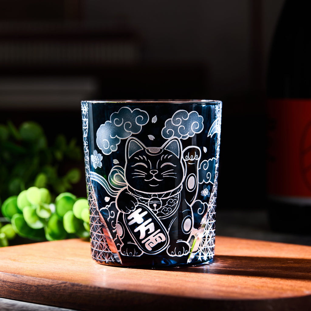 Handcrafted Edo Kiriko Aoi Maneki Neko whisky glass, Japanese cut crystal tumbler by Viko