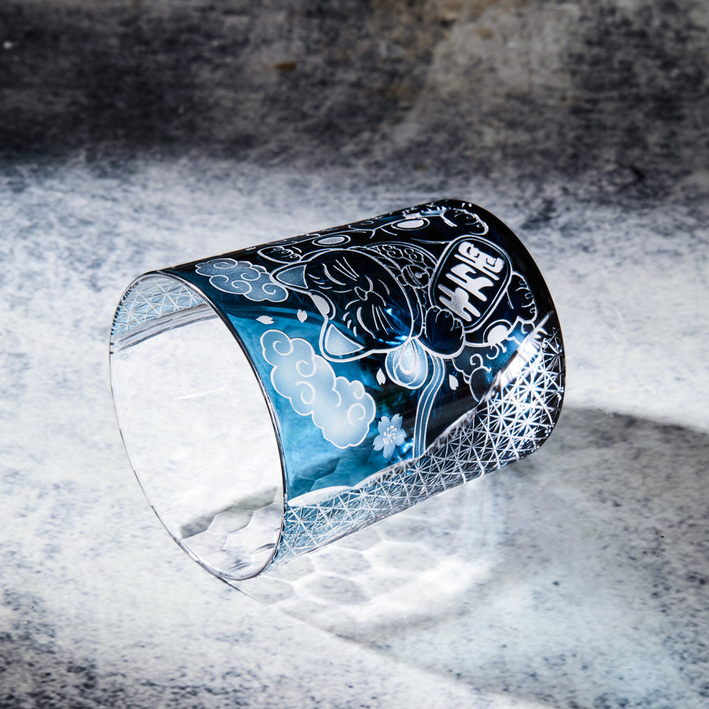 Handcrafted Edo Kiriko Aoi Maneki Neko whisky glass, Japanese cut crystal tumbler by Viko