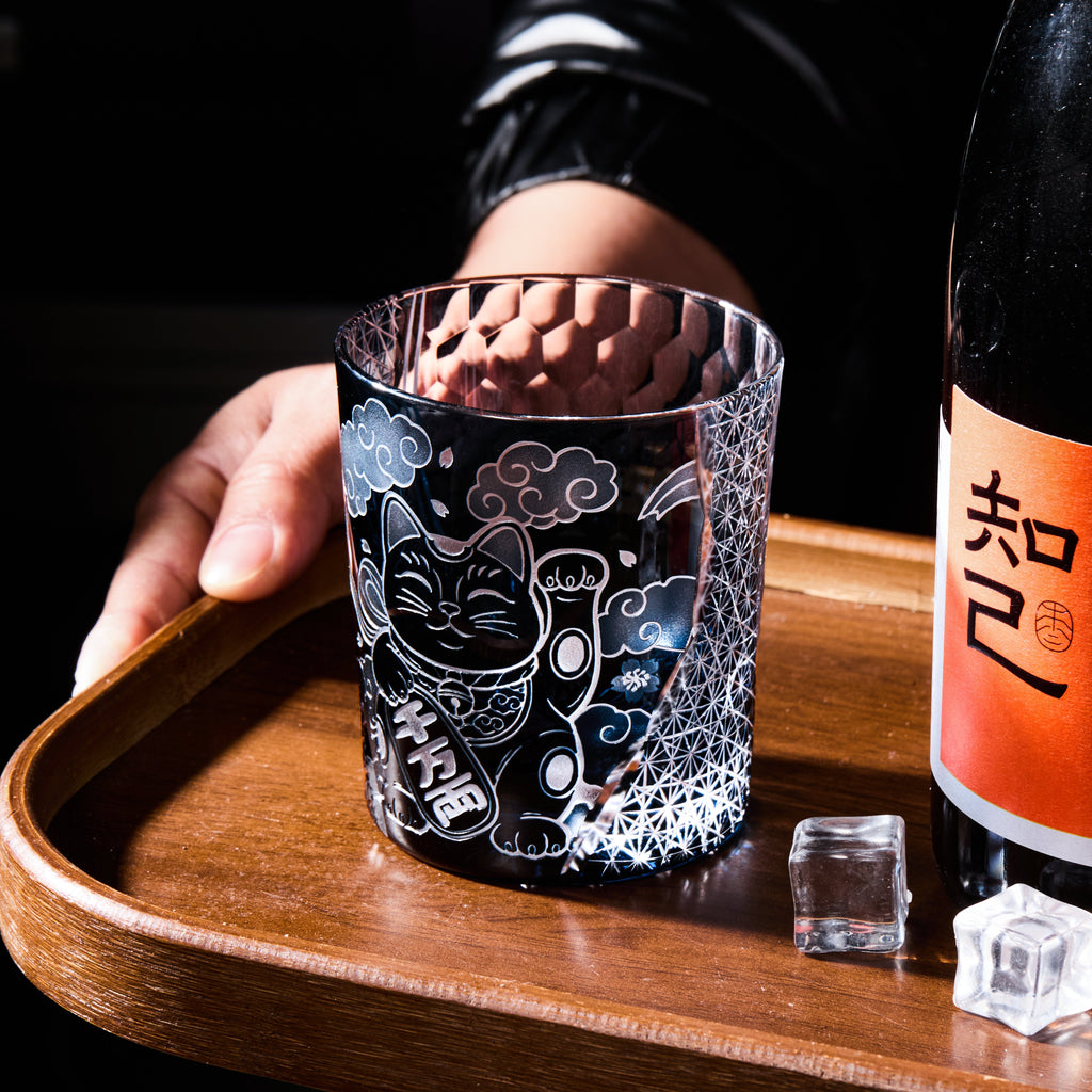 Handcrafted Edo Kiriko Aoi Maneki Neko whisky glass, Japanese cut crystal tumbler by Viko