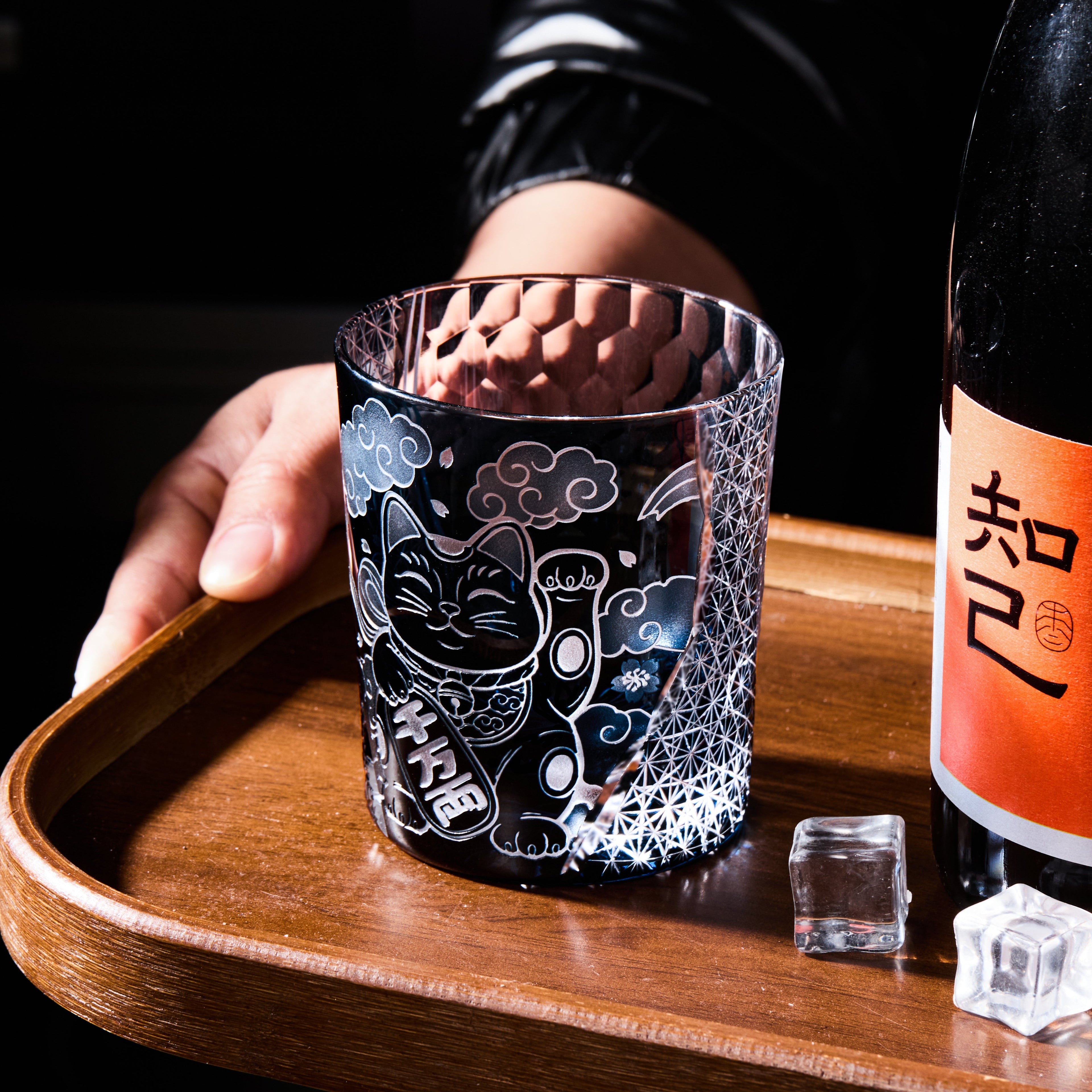 Handcrafted Edo Kiriko Aoi Maneki Neko whisky glass, Japanese cut crystal tumbler by Viko