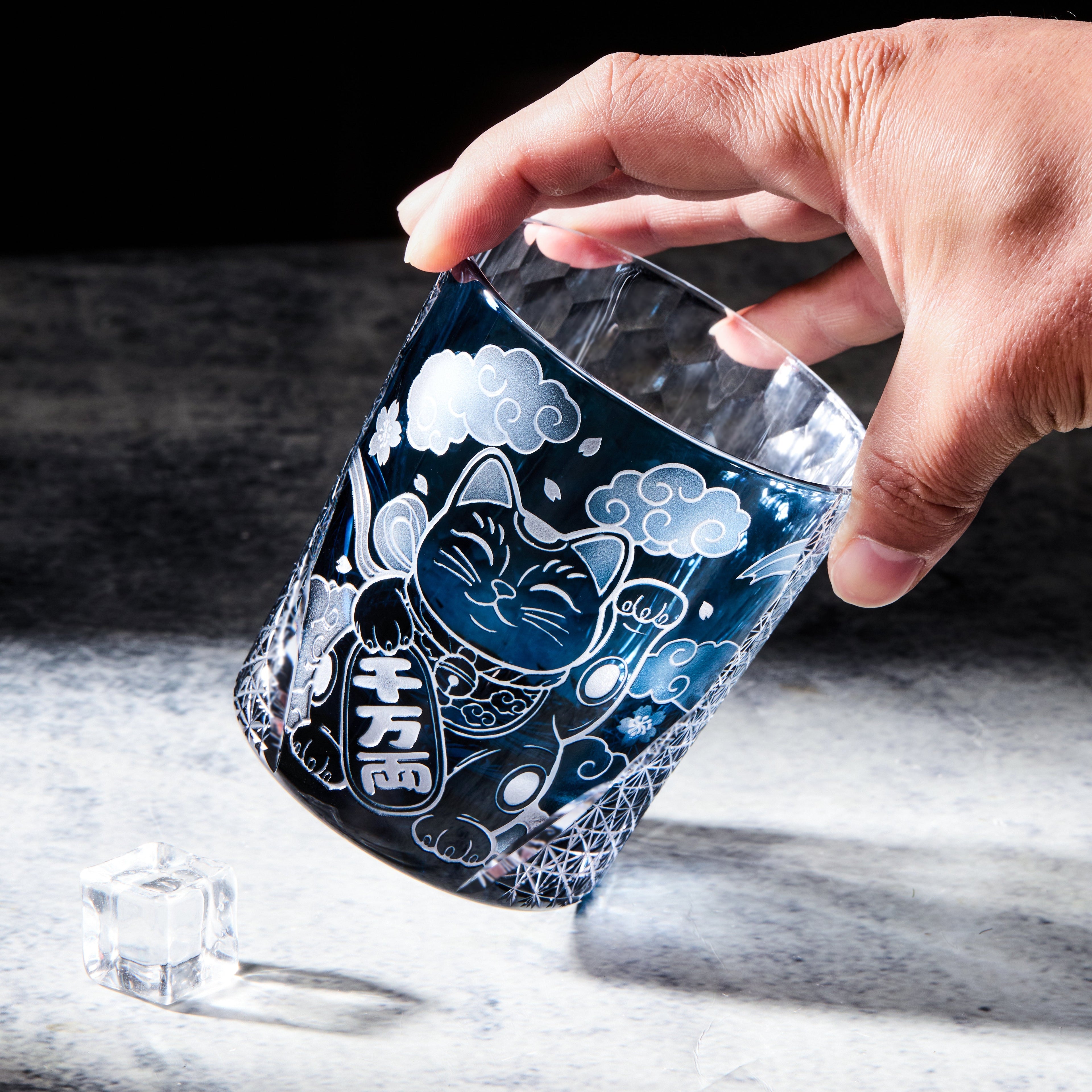 Handcrafted Edo Kiriko Aoi Maneki Neko whisky glass, Japanese cut crystal tumbler by Viko