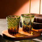 Handcrafted Edo Kiriko Ryokusho Yugure whisky glass, Japanese cut crystal tumbler by Viko
