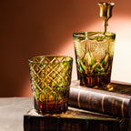 Handcrafted Edo Kiriko Ryokusho Yugure whisky glass, Japanese cut crystal tumbler by Viko